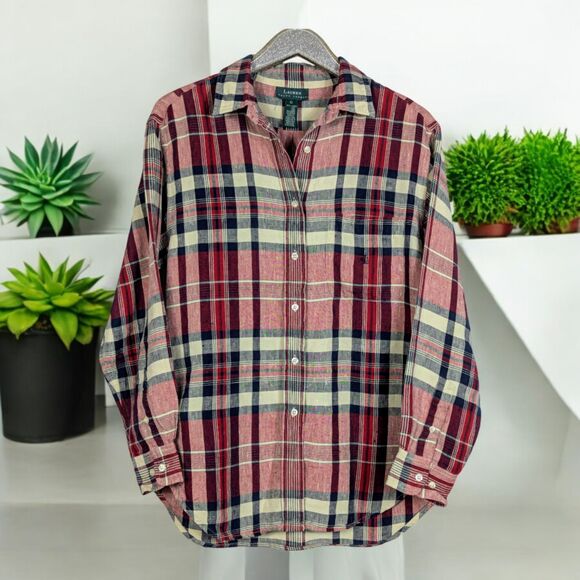 LAUREN Ralph Lauren 100% Linen Plaid LS Shirt Monogram Country Cottage Size 12 - Picture 1 of 6
